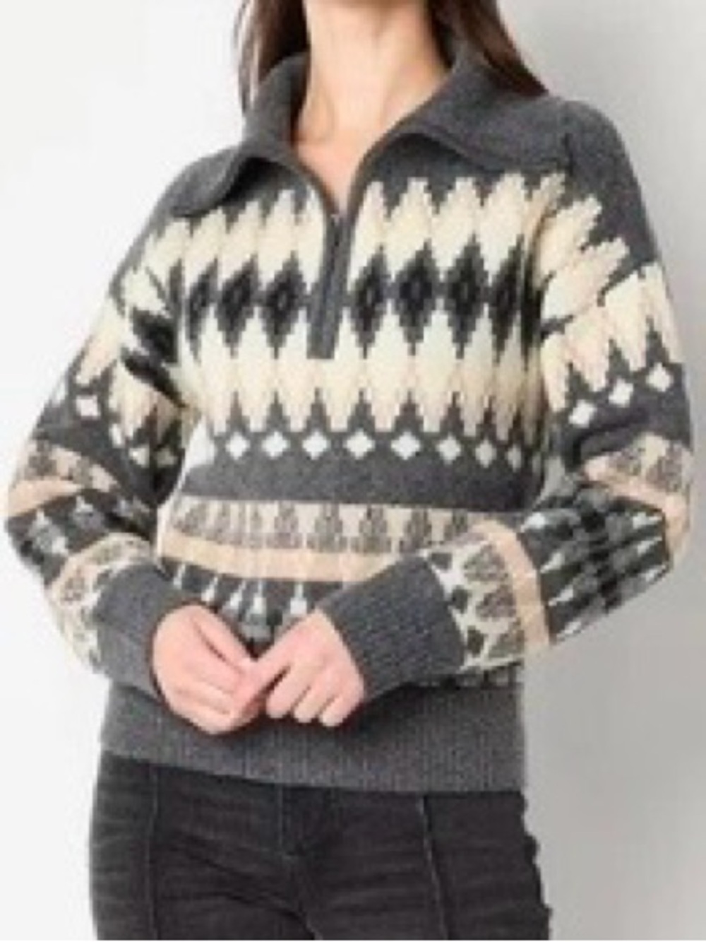 Frye & Co. Quarter zip Fair Isle Sweater Gray cream Womens L Aztec Cozy Nordic